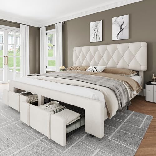 Queen Size Upholstered Platform Bed Frame with Storage Drawers V23212
