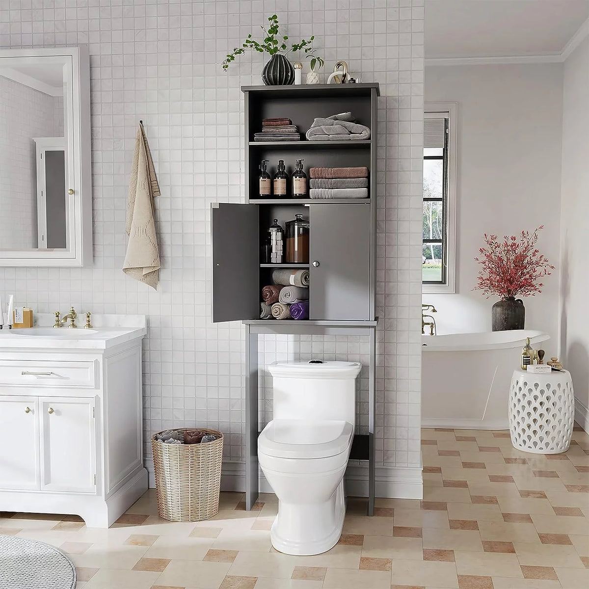 Over The Toilet Storage Cabinet with Adjustable Shelf, 75in, Gray X9929