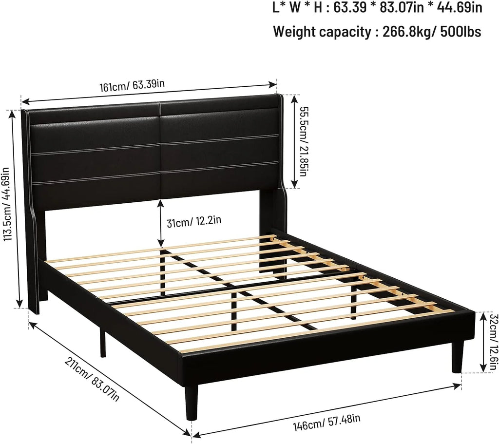 Antique Black PU Leather Upholstered LED Queen Size Platform Bed Frame V34963