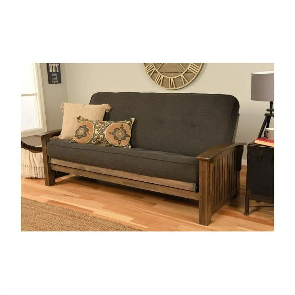 Walnut Full Size Futon Frame with Charcoal Mattress I5093