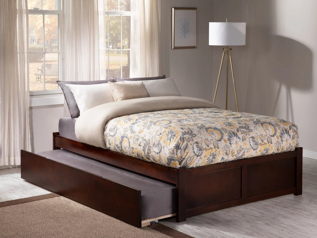 Full Solid Wood Platform Bed with Footboard & Trundle in Walnut K891495
