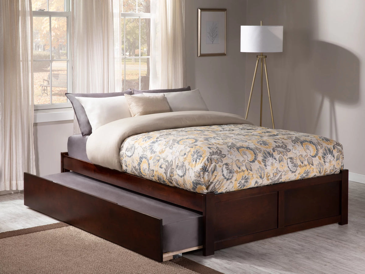Full Solid Wood Platform Bed with Footboard & Trundle in Walnut K891495