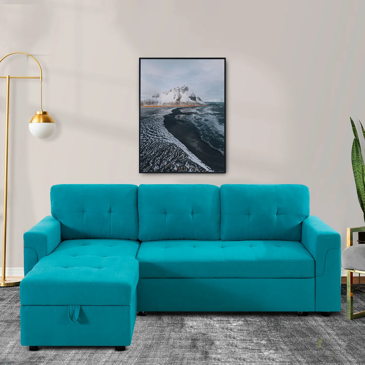 Teal Velvet Reversible Sleeper Sectional Sofa H812227