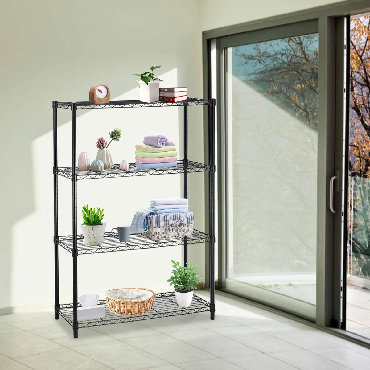 4 Tier Heavy Duty Adjustable Metal Shelving Unit with Wheels, Black K321