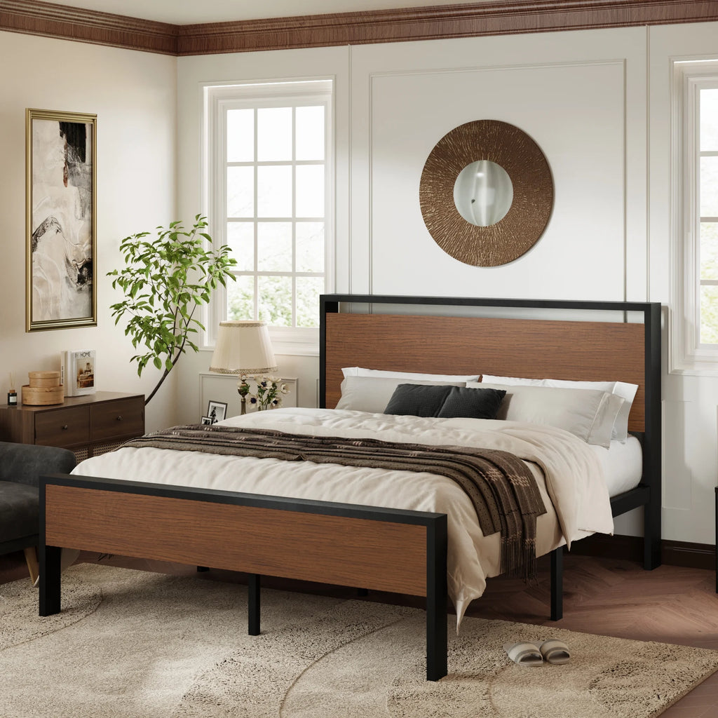 Queen Size Metal Platform Bed Frame with Wood Headboard and Footboard T935