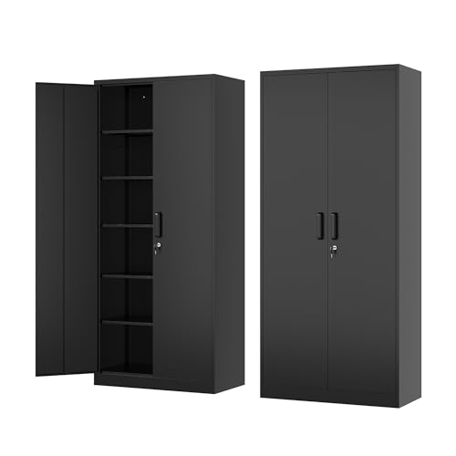Black Steel Storage Cabinet with Lockable Doors and Adjustable Shelves W7826