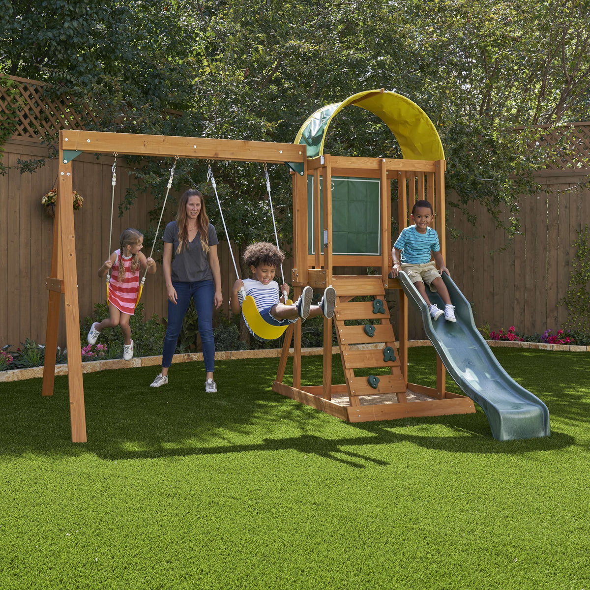 Wooden Outdoor Swing Set with Slide and Rock Wall C318