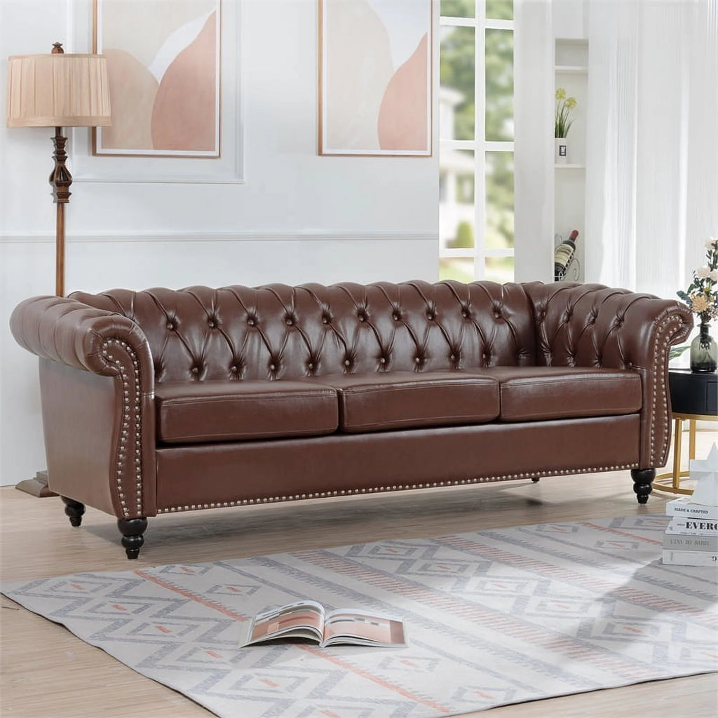 Brown PU Rolled Arm Chesterfield Three Seater Sofa P164