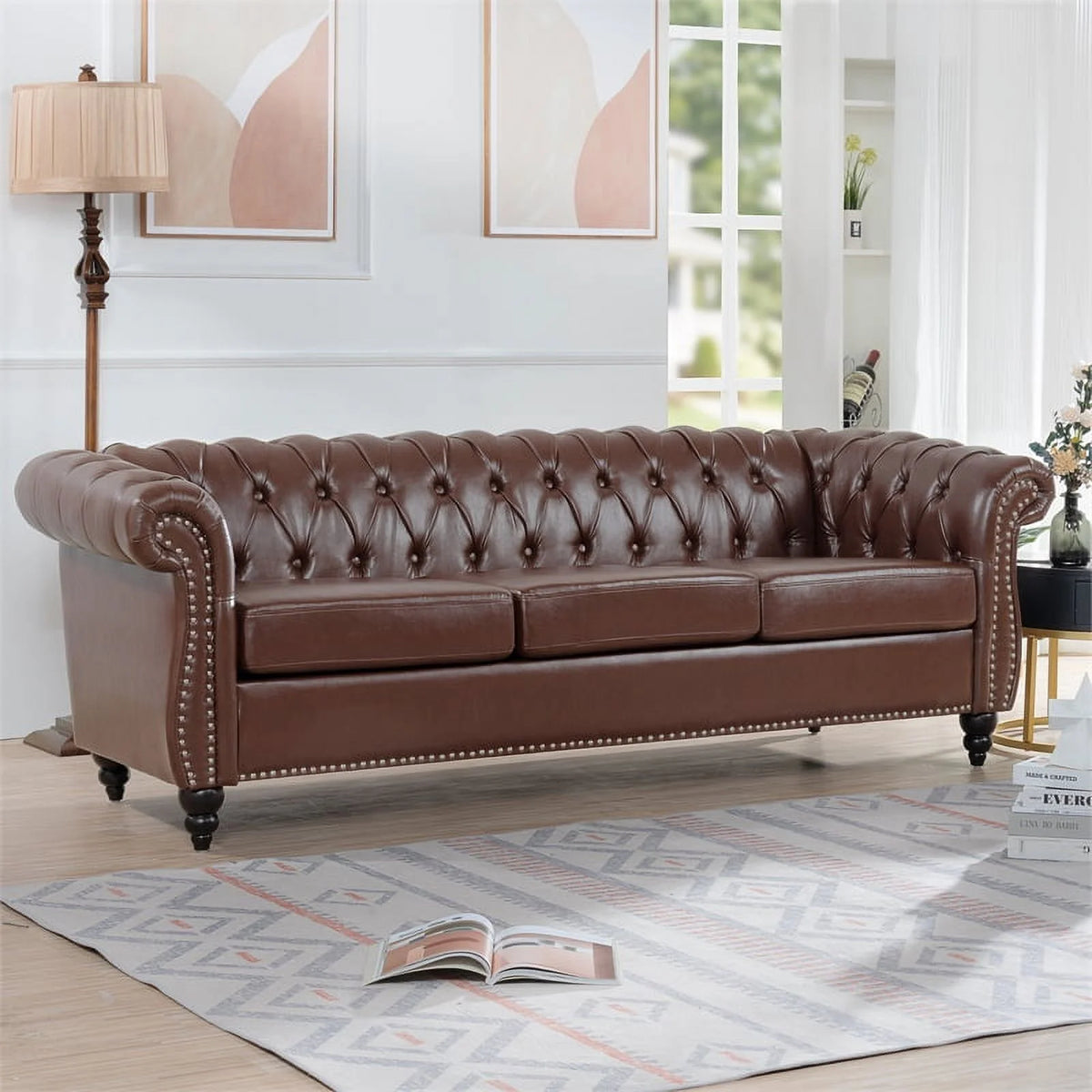 Brown PU Rolled Arm Chesterfield Three Seater Sofa P164