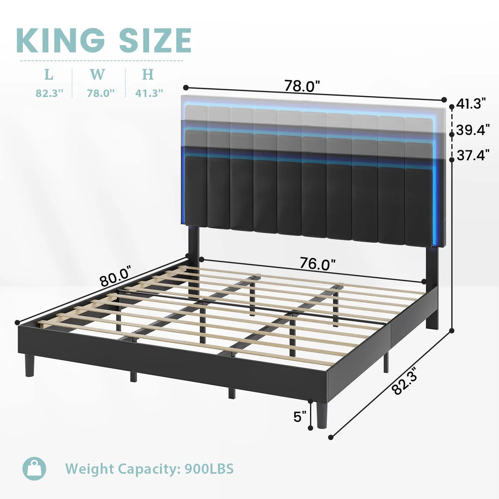 King Leather Upholstered Platform Bed with Charging Station and LED Lights Q405061