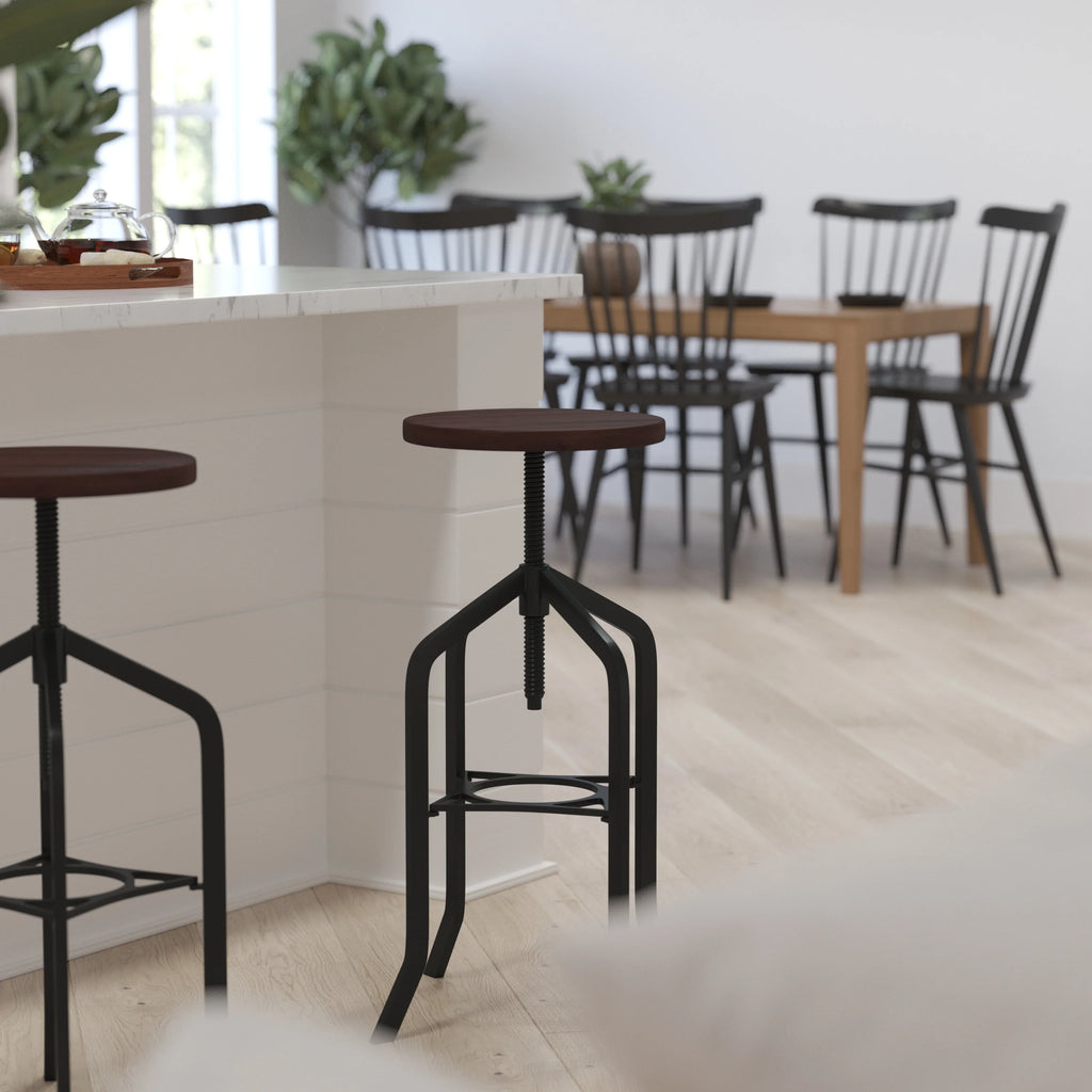 30 Inch Black Metal and Wood Adjustable Height Swivel Bar Stool J232