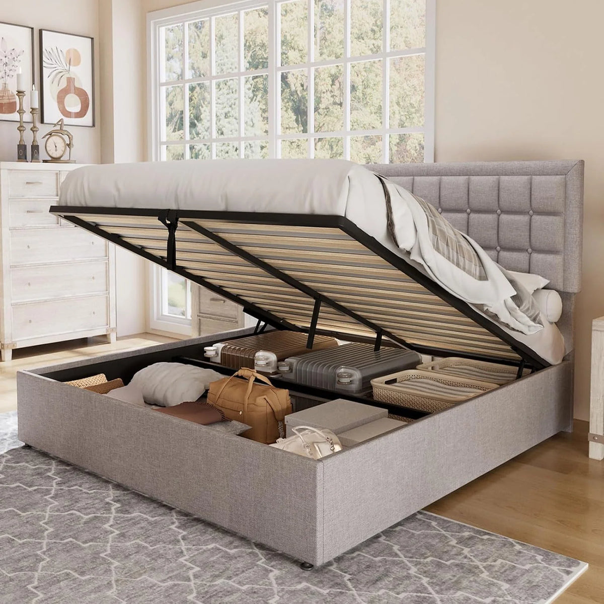 King Size Lift Up Storage Upholstered Platform Bed Frame E600