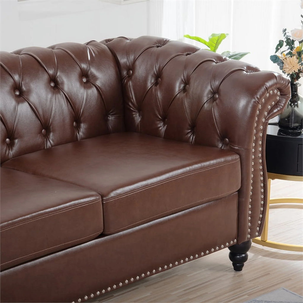 Brown PU Rolled Arm Chesterfield Three Seater Sofa P164