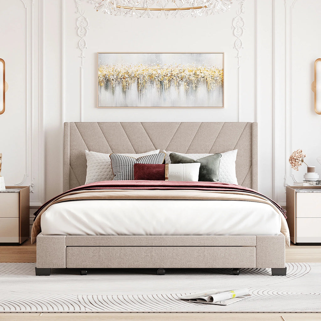 Queen Size Beige Upholstered Platform Bed Frame with Drawer T7392