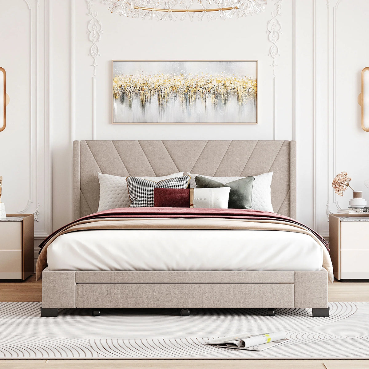 Queen Size Beige Upholstered Platform Bed Frame with Drawer T7392