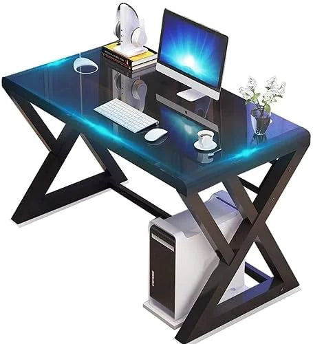 55.1'' Glass Top Metal Frame Computer Desk with Bookshelf X41980