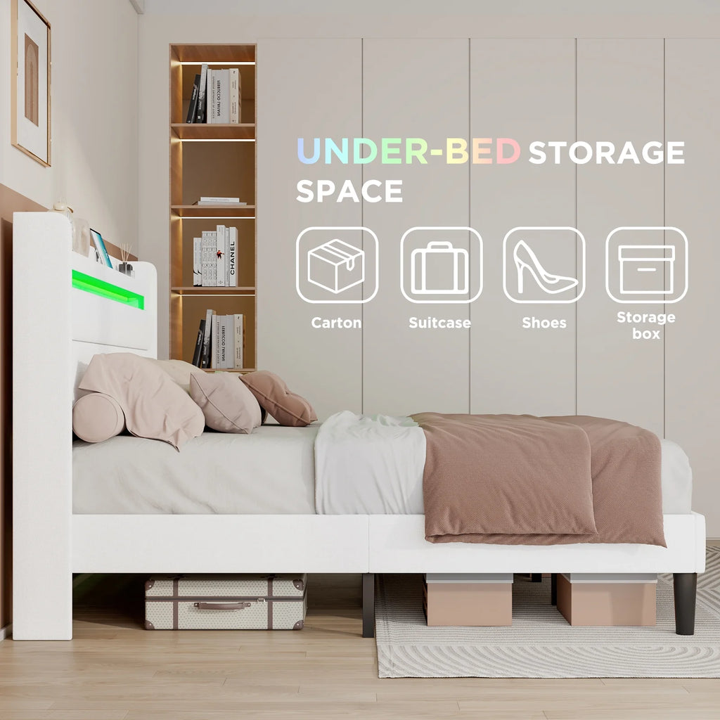 Queen Size White Linen Upholstered Platform Bed with Storage Headboard V590543