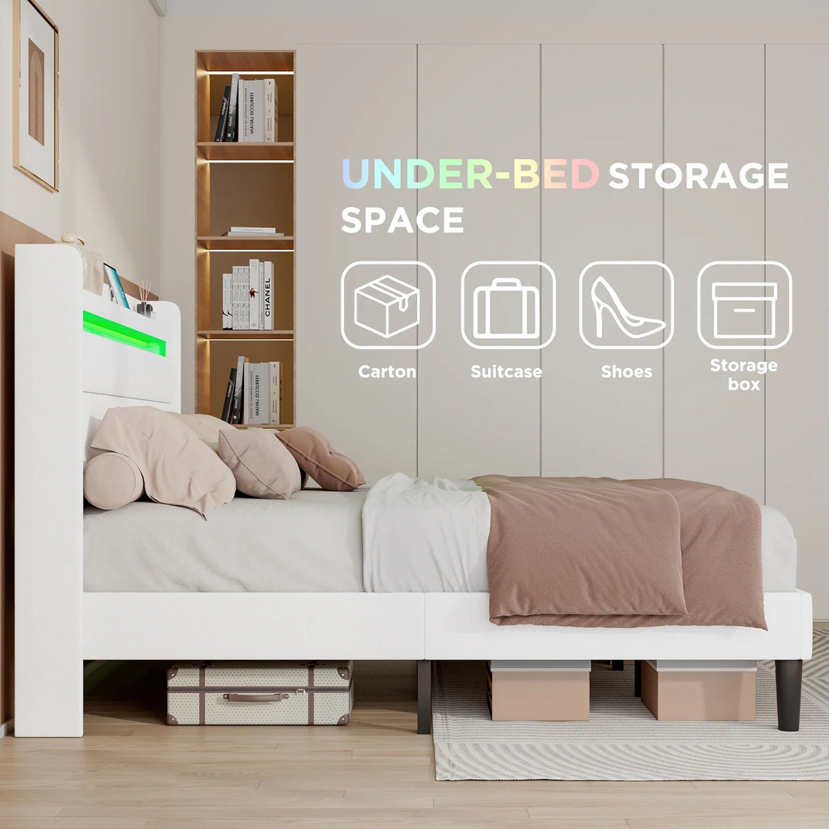 Queen Size White Linen Upholstered Platform Bed with Storage Headboard V590543
