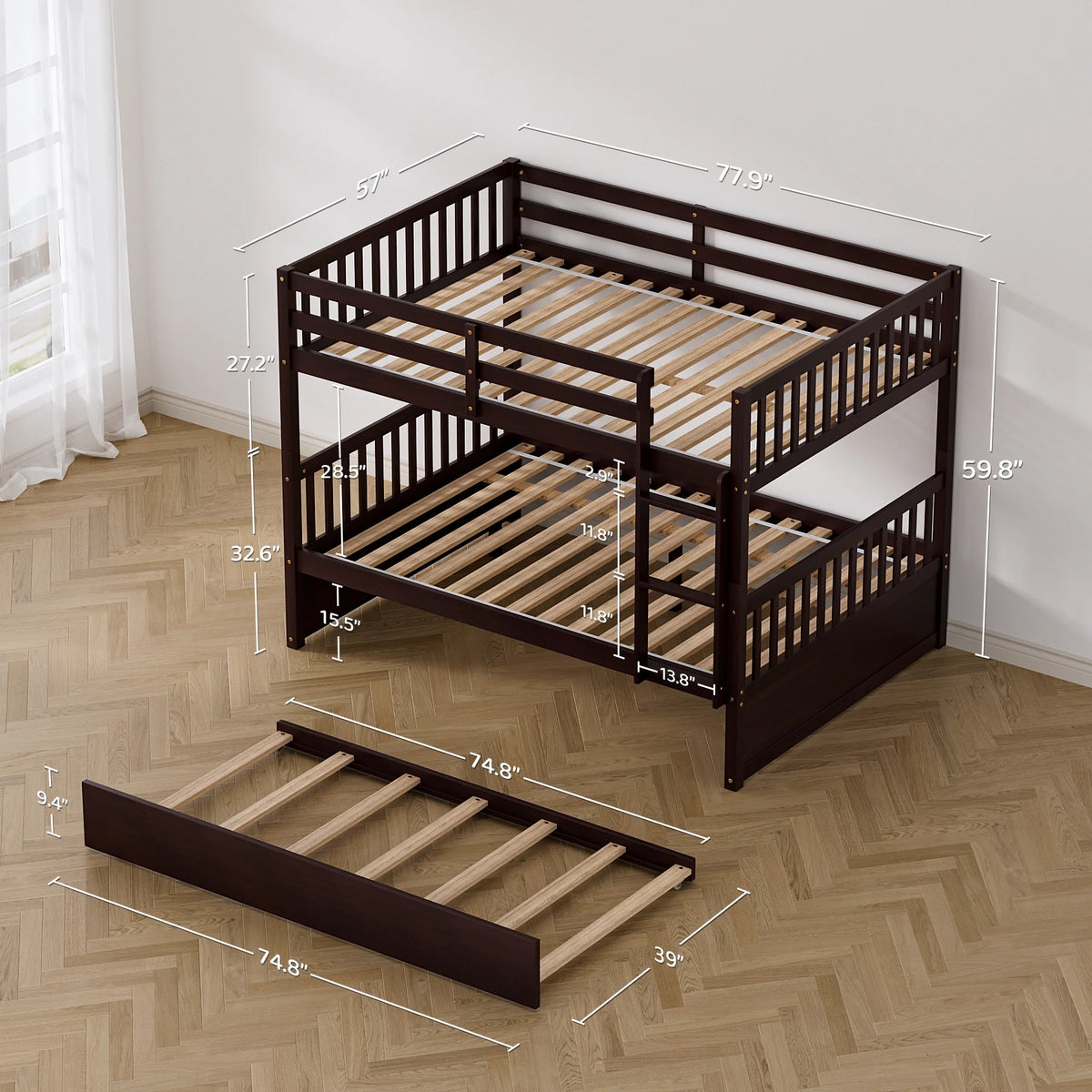 Wood Full over Full Bunk Bed with Trundle and Ladder N82649