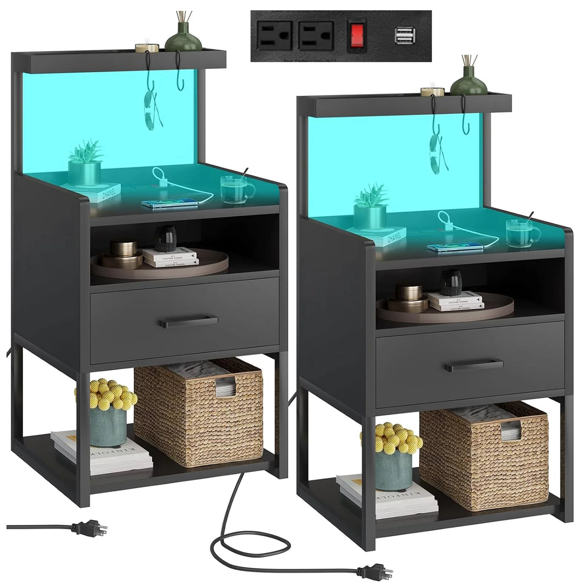 Black Set of 2 LED Nightstand with Charging Station and 1 Drawer M685192