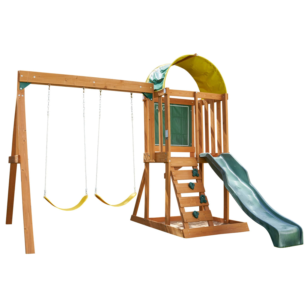 Wooden Outdoor Swing Set with Slide and Rock Wall C318