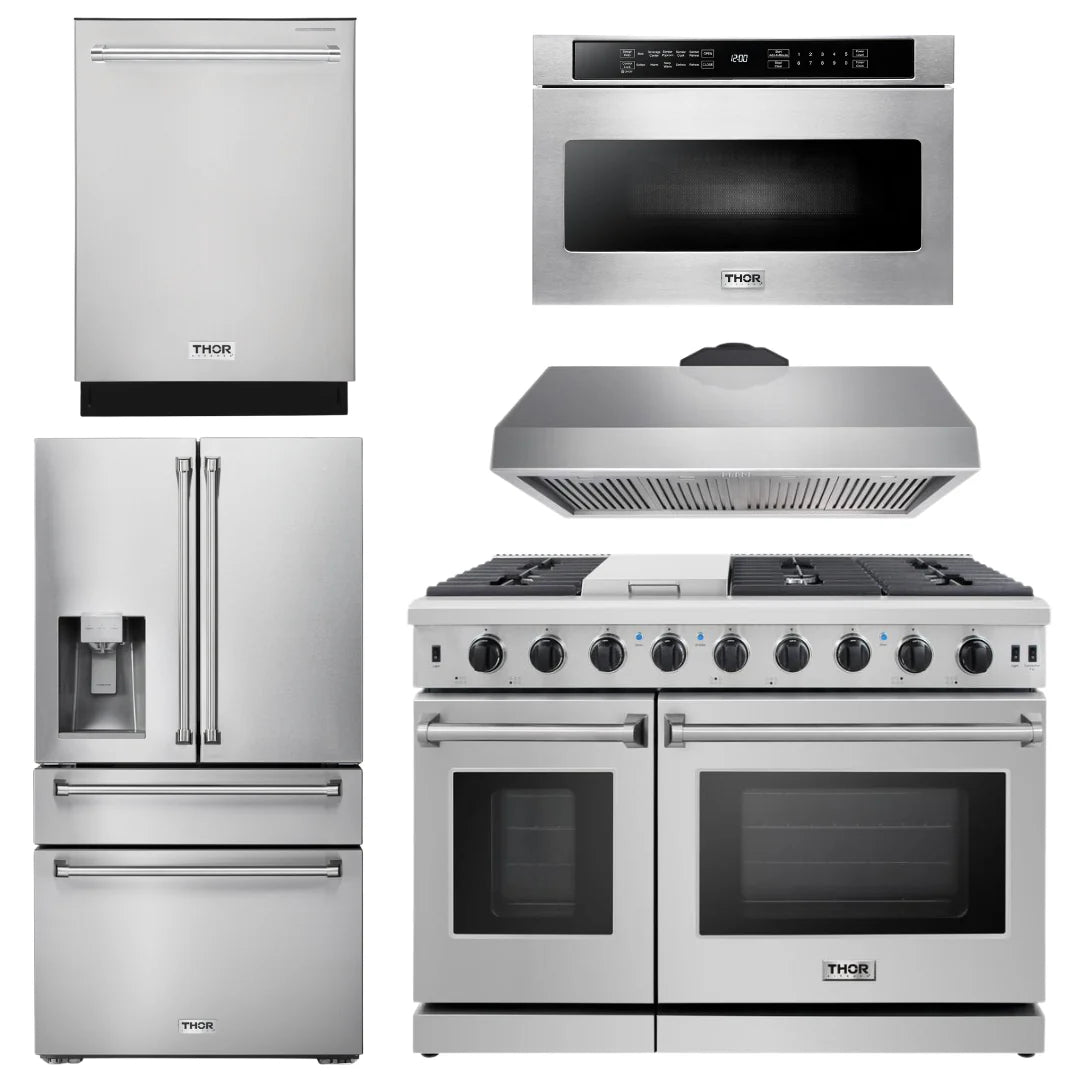 48 Propane Gas Range, Range Hood, Dishwasher, Refrigerator with Water and Ice Dispenser, Microwave I977086