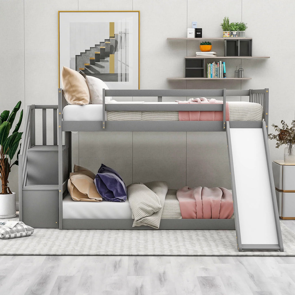 Solid Wood Twin Over Twin Bunk Bed with Slide and Stairway E4113