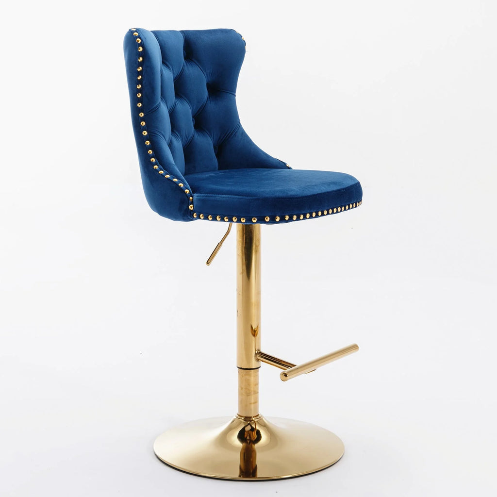 Golden Swivel Velvet Barstools Adjustable Height Blue Set of 2 T14200