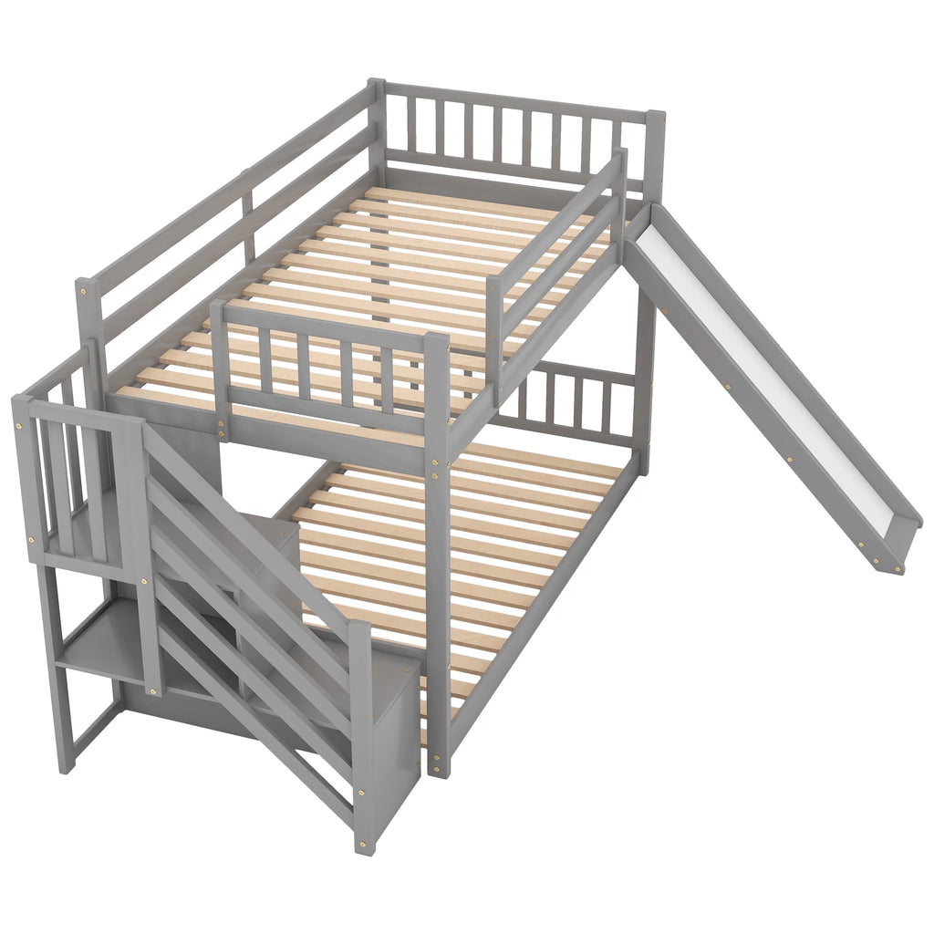 Solid Wood Twin Over Twin Bunk Bed with Slide and Stairway E4113