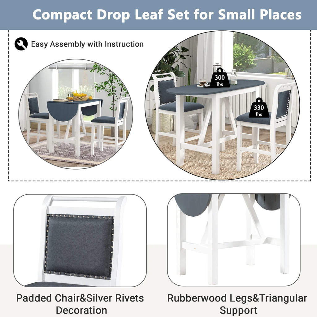 3-Piece Counter Height Dining Table Set with Drop Leaf and Upholstered Chairs H9440