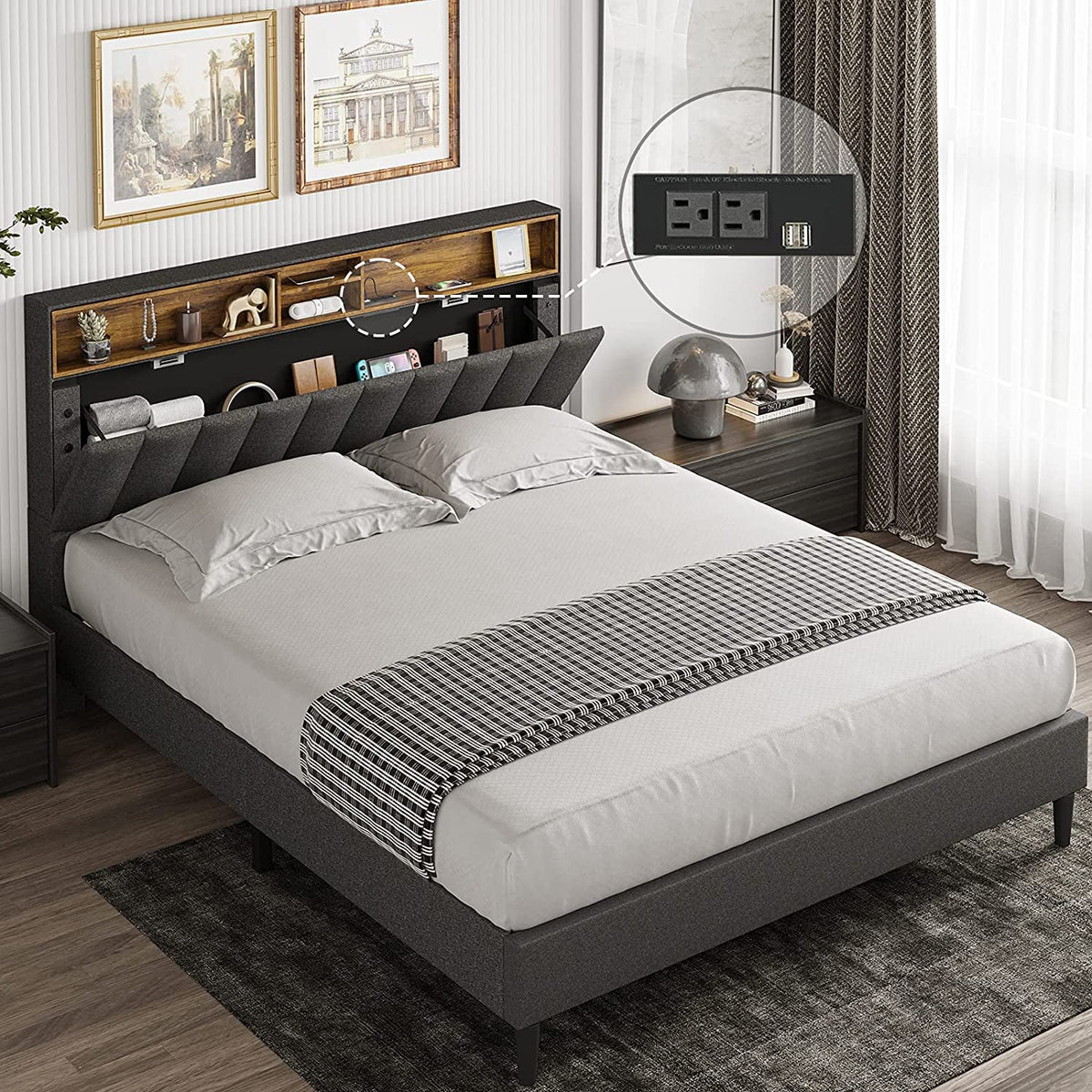 Queen Size Fabric Upholstered Platform Bed Frame with Storage Headboard L669160
