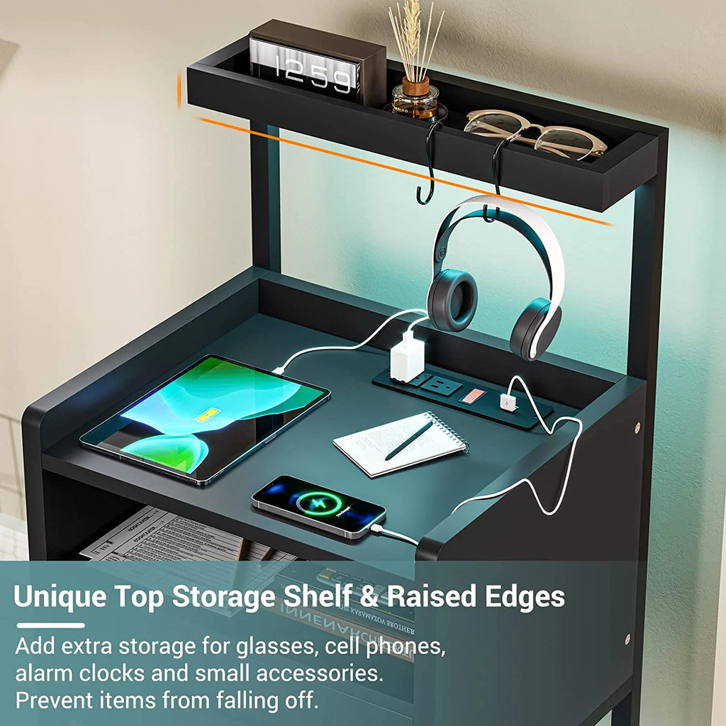 Black Set of 2 LED Nightstand with Charging Station and 1 Drawer M685192