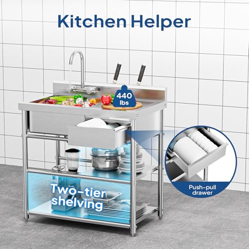 Stainless Steel Freestanding Utility Sink with Workbench Drawer U23057