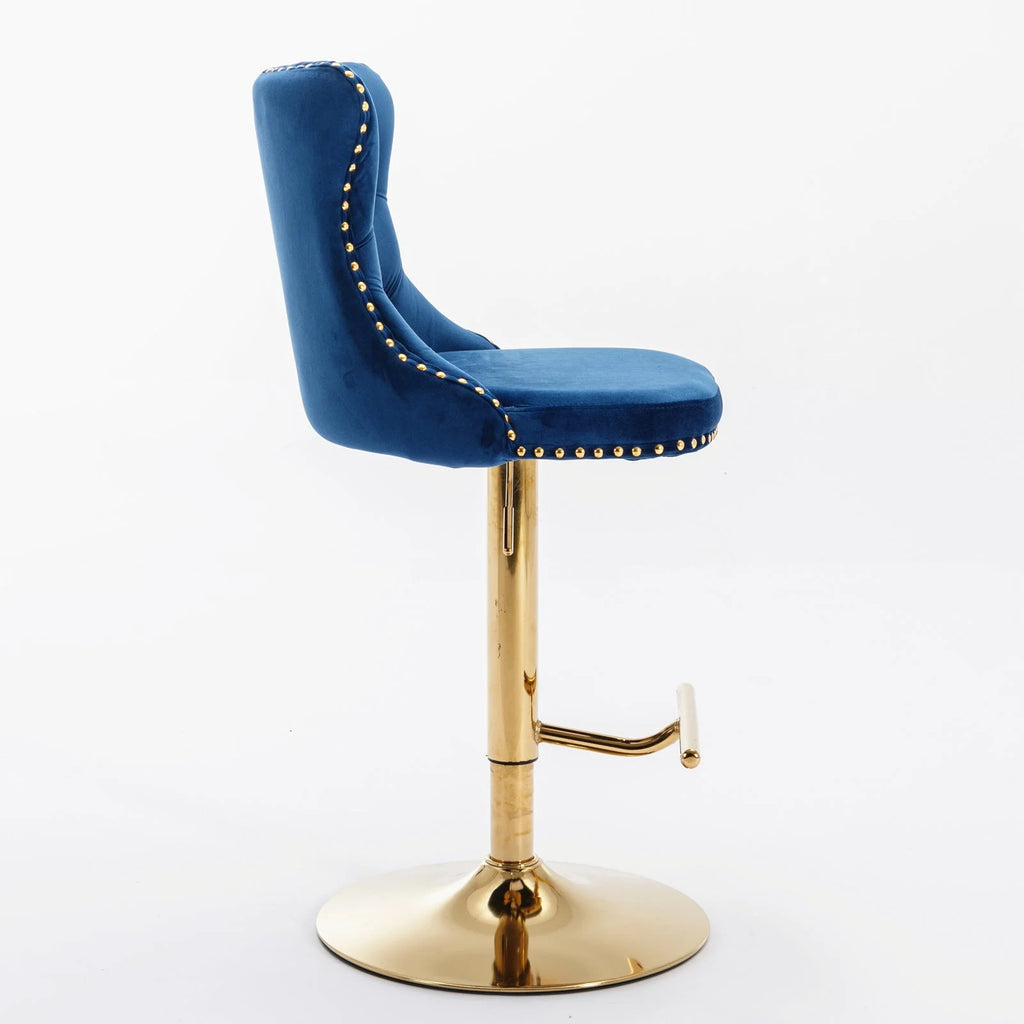 Golden Swivel Velvet Barstools Adjustable Height Blue Set of 2 T14200