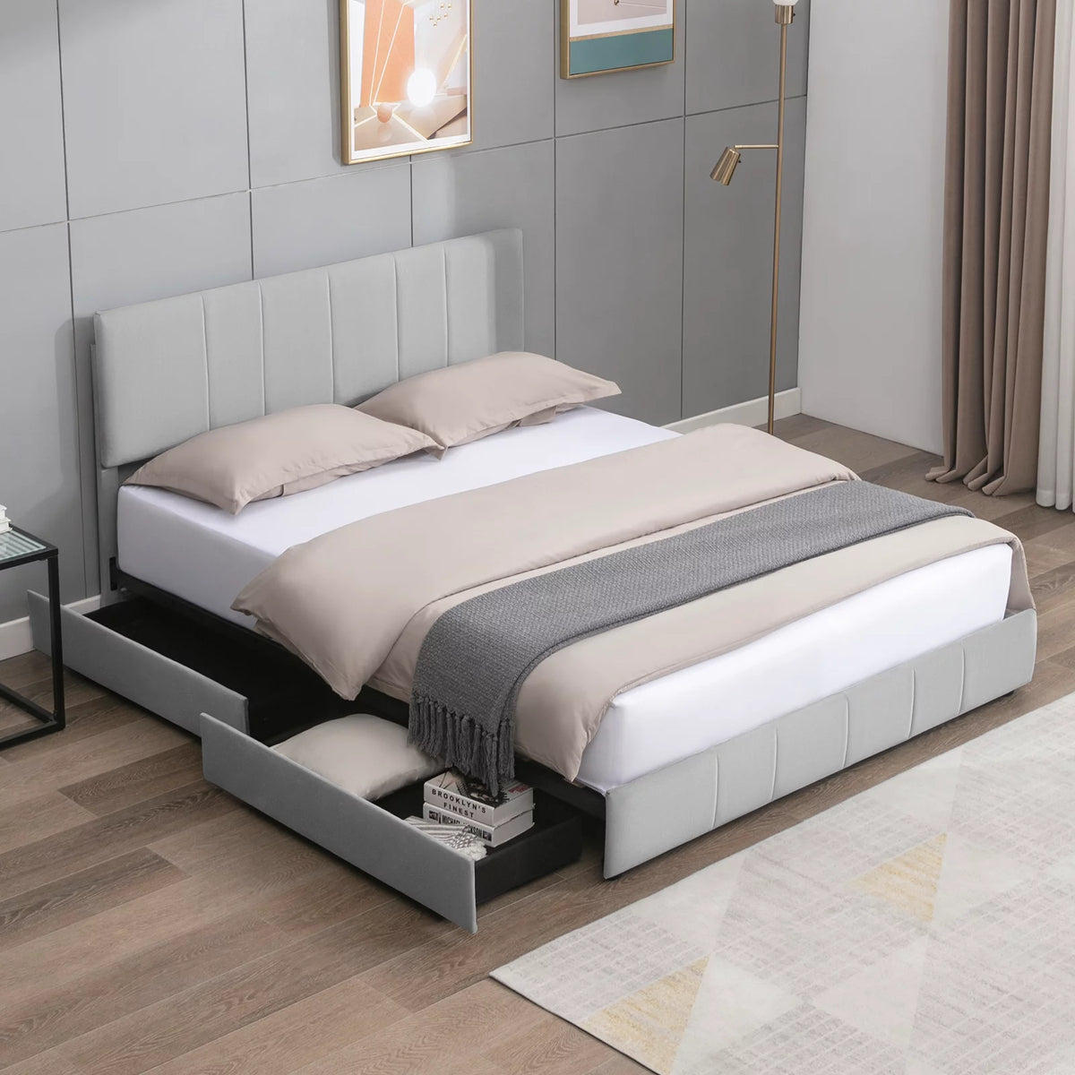 King Size Platform Bed Frame with 4 Storage Drawers and Adjustable Headboard X201042