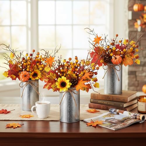 6 Sets Fall Thanksgiving Artificial Flower Centerpiece with Metal Pot P585123