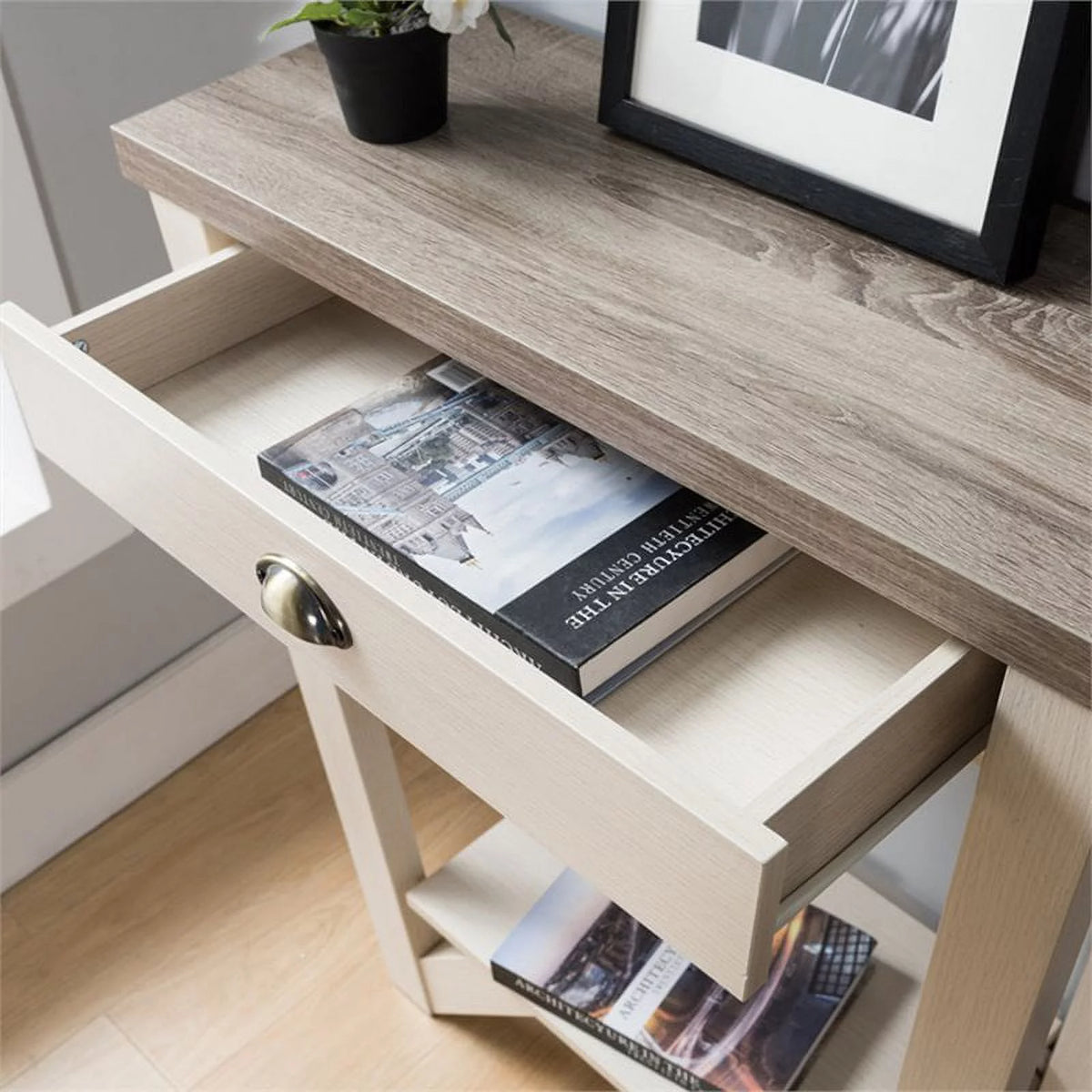 Contemporary Wood 1-Drawer Console Table in Ivory and Light Oak R189
