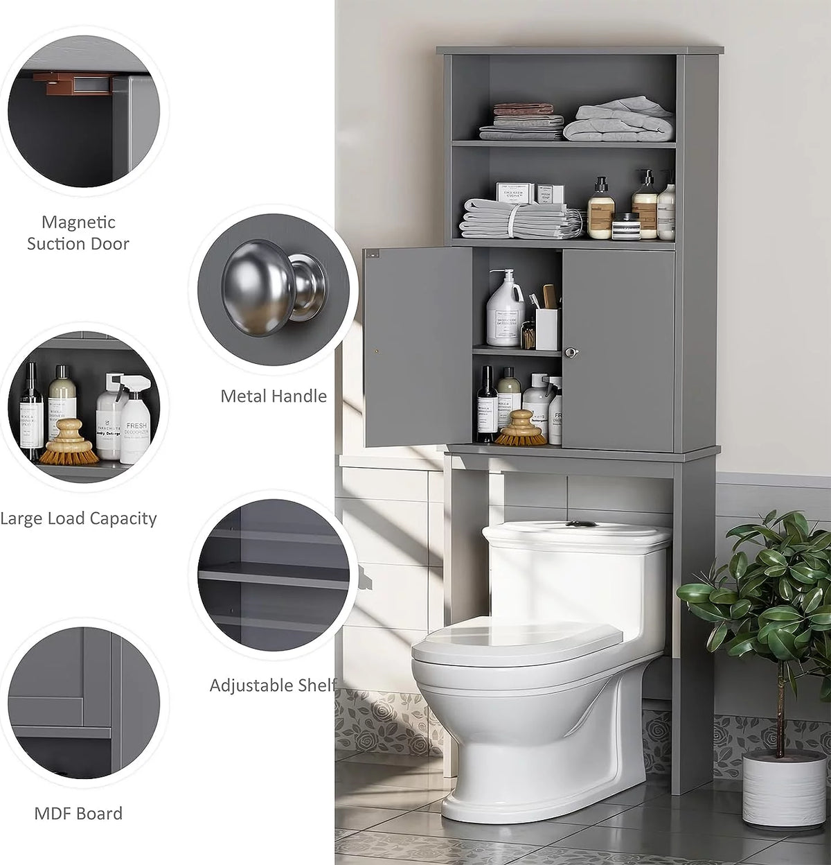 Over The Toilet Storage Cabinet with Adjustable Shelf, 75in, Gray X9929