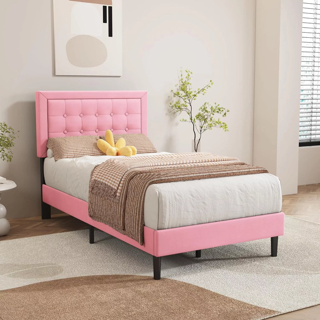Pink Velvet Upholstered Platform Bed Frame Twin Size D763