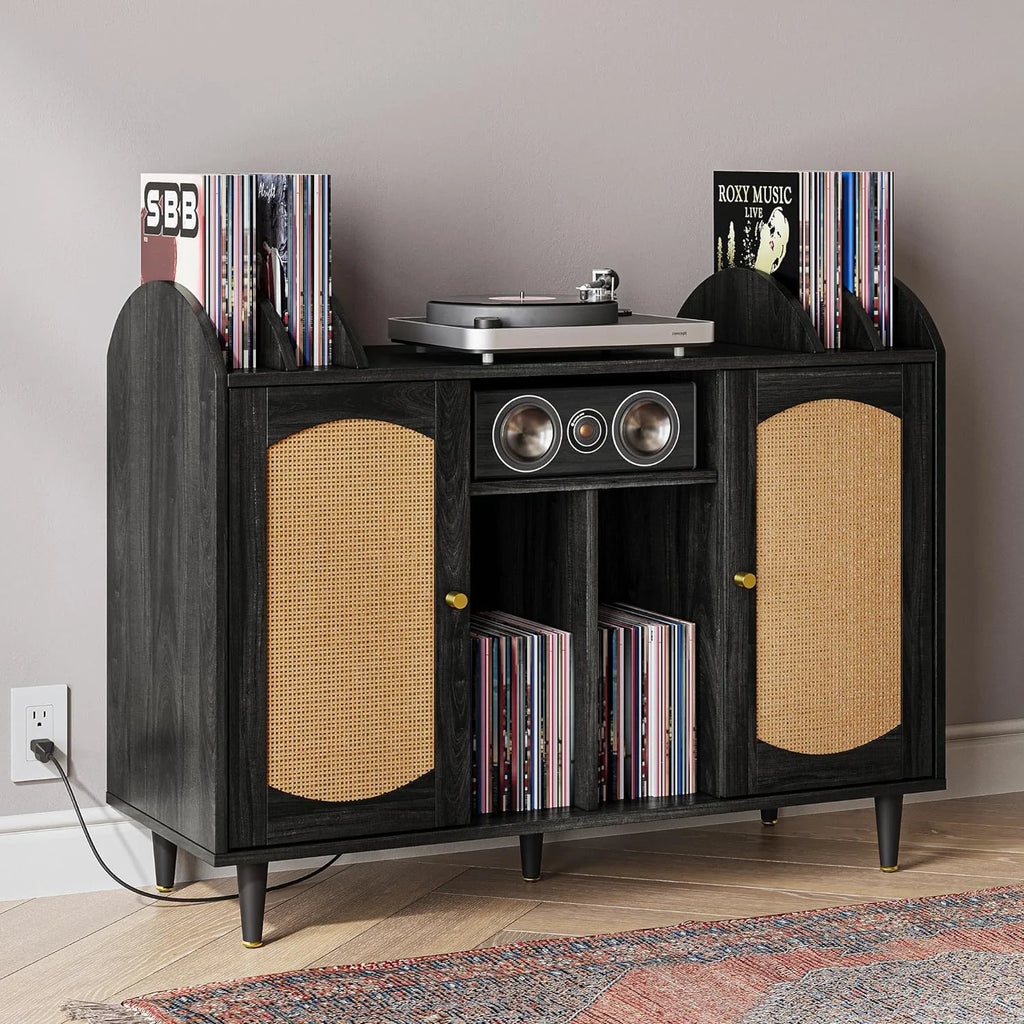 Mid-Century Record Player Stand with Power Outlet C490