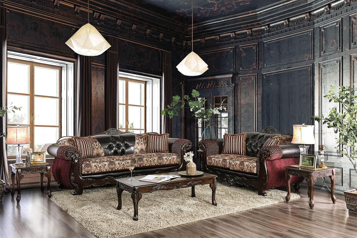 Burgundy Dark Brown Chenille Sofa and Loveseat L160