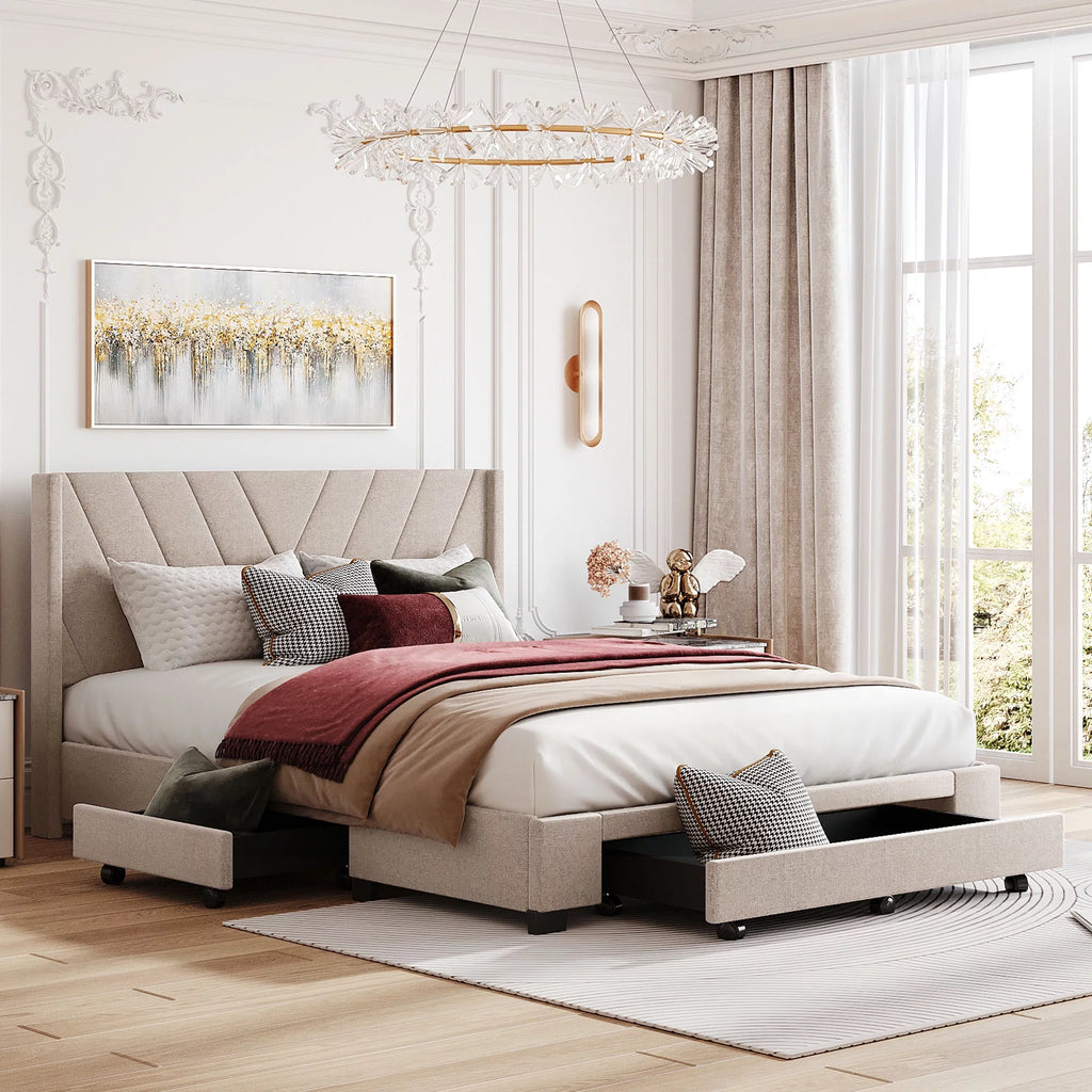 Queen Size Beige Upholstered Platform Bed Frame with Drawer T7392