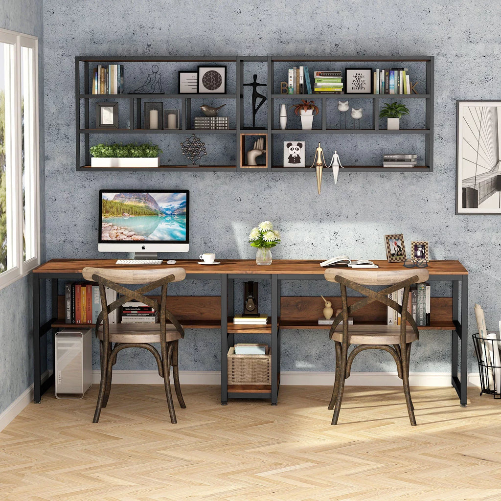 Computer Double Desk with Bookshelf, Black W8566