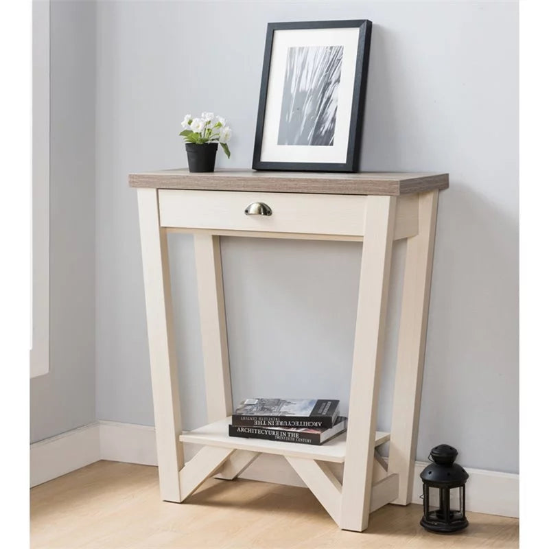 Contemporary Wood 1-Drawer Console Table in Ivory and Light Oak R189