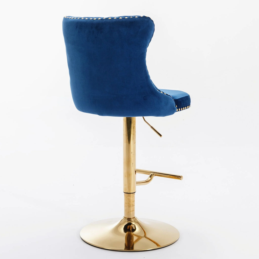 Golden Swivel Velvet Barstools Adjustable Height Blue Set of 2 T14200