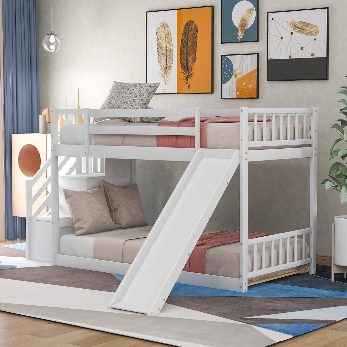 Twin Over Twin Bunk Bed with Slide and Stairs L510