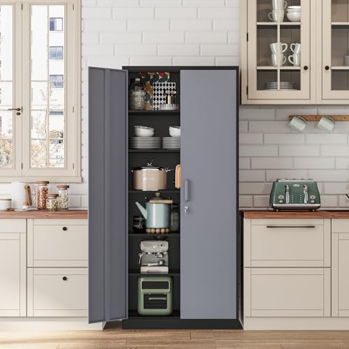 Black Steel Storage Cabinet with Lockable Doors and Adjustable Shelves W7826