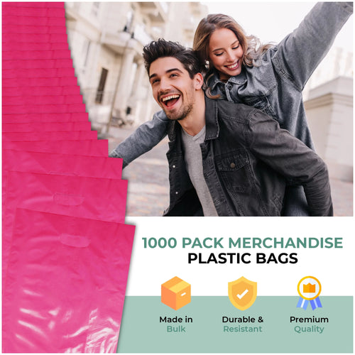 1000 Pack 9" x 12" 1.25 mil Pink Glossy Plastic Retail Bags with Die Cut Handle M600303