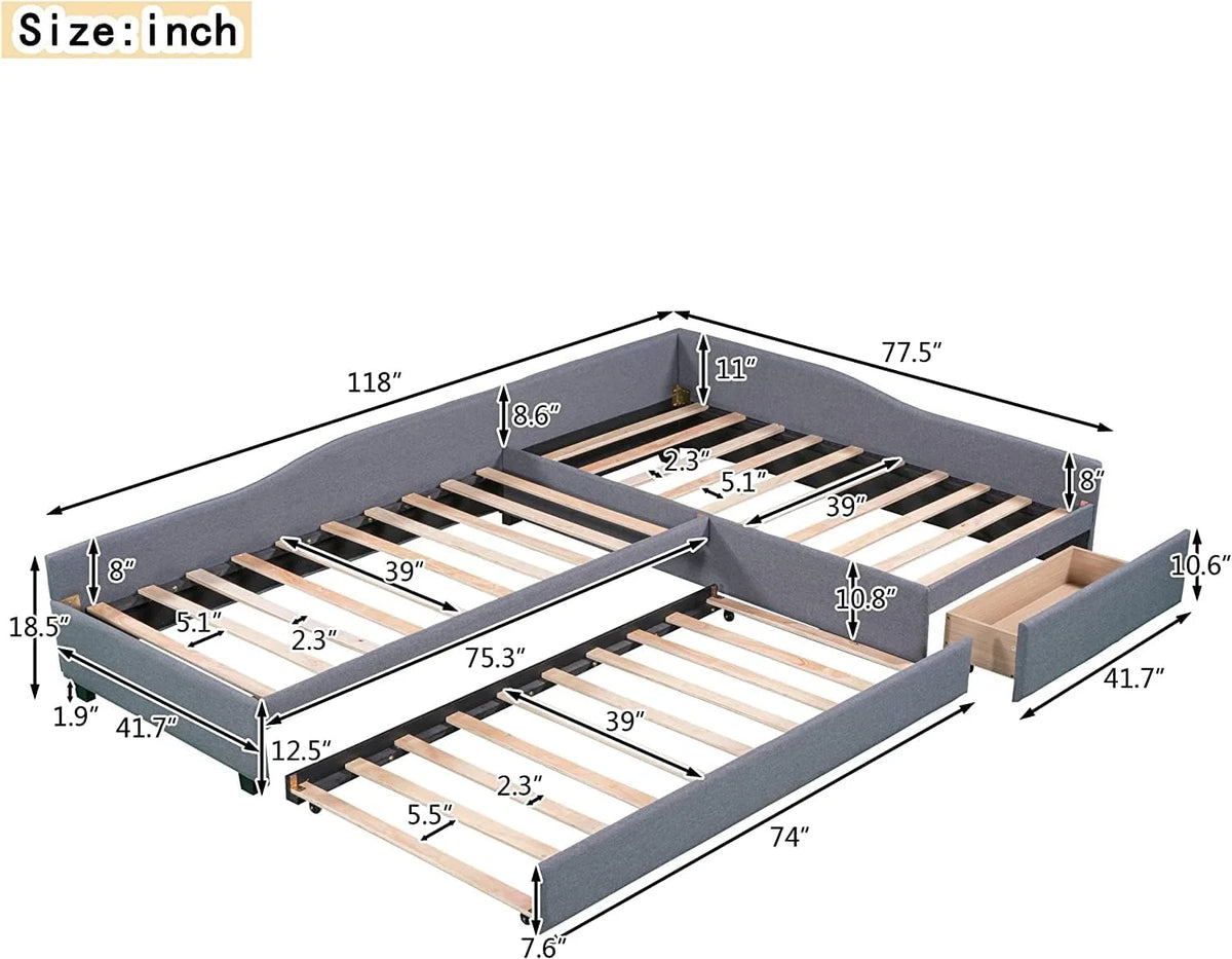Upholstered L-Shaped 2 Beds with Trundle and Storage Drawer Grey O746305