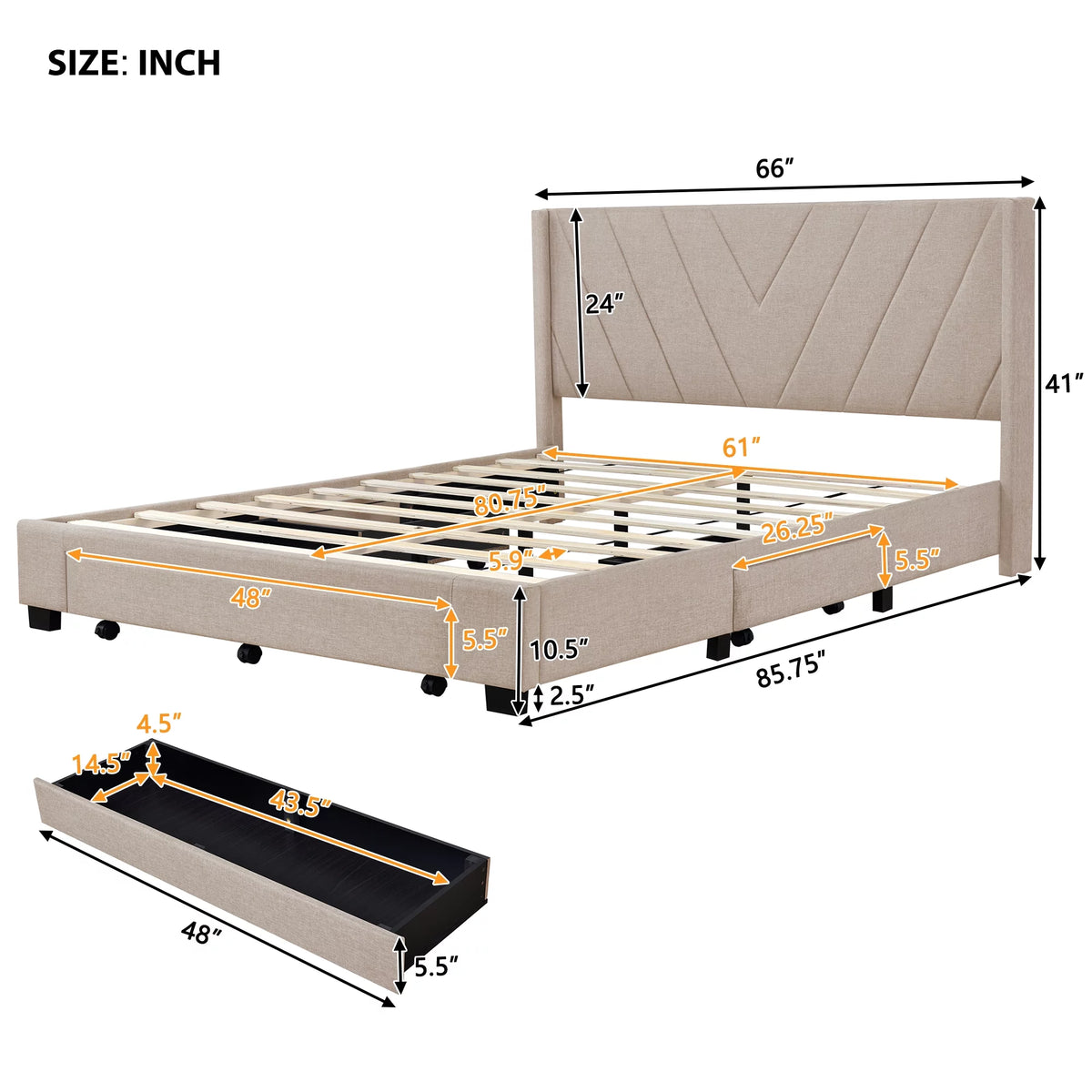Queen Size Beige Upholstered Platform Bed Frame with Drawer T7392